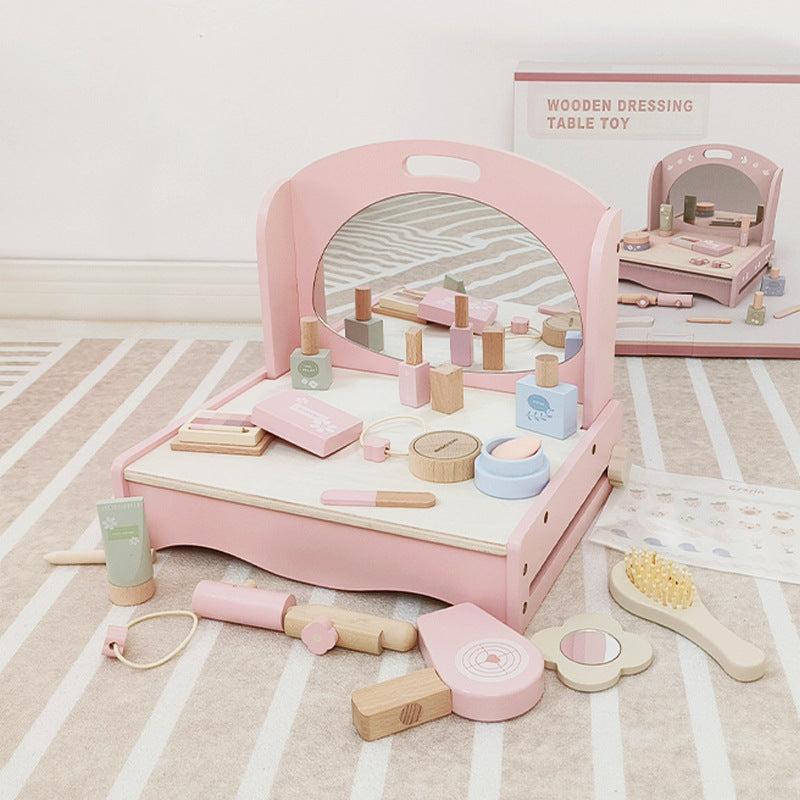 Wooden Glam Haven: Makeup Dressing Table and Simulation Cosmetic Set for Girls