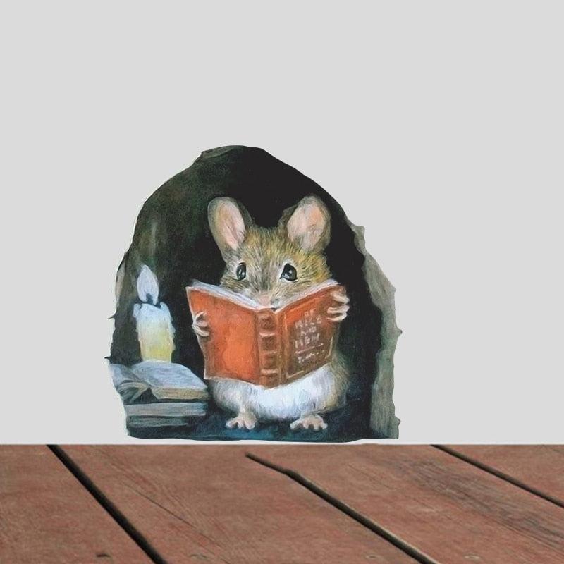 Playful Cartoon Mouse Reading Wall Sticker - Removable Decor