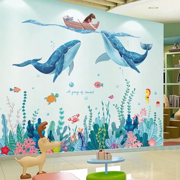 Cartoon Girl Whales Wall Sticker - DIY Seagrass Decals